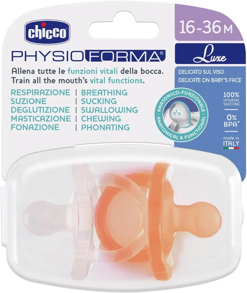 شيكو Chicco PhysioForma Luxe Soft Silicone Soother 16-36m (2 pcs), Orange/Transparent